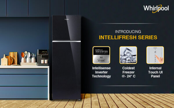 Whirlpool IF INV ELT 278GD, 231 Litre 2 Star Double Door Intellisense Inverter Technology and 17 Hours Cooling Retention, Crystal Black