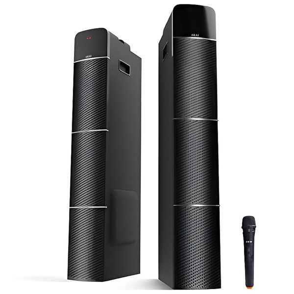 Akai TS-90, 90 Watts Wireless Bluetooth Dual Tower Speaker with Wireless Mic, Black