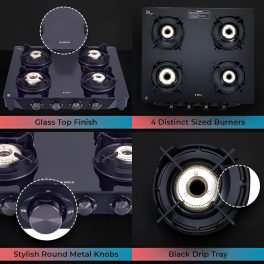 Elica 4 Burner Stove with Crown Pan Support and Forged Brass Burner, Black, CREST 460J NERO