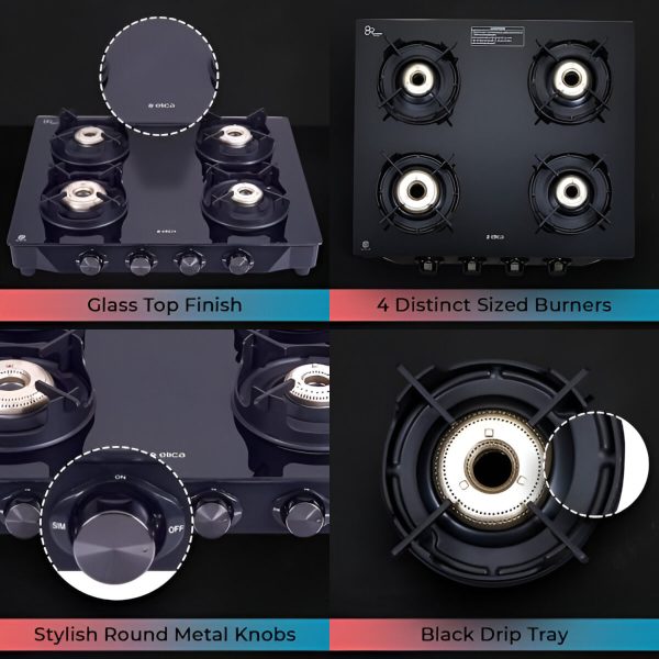 Elica 4 Burner Stove with Crown Pan Support and Forged Brass Burner, Black, CREST 460J NERO