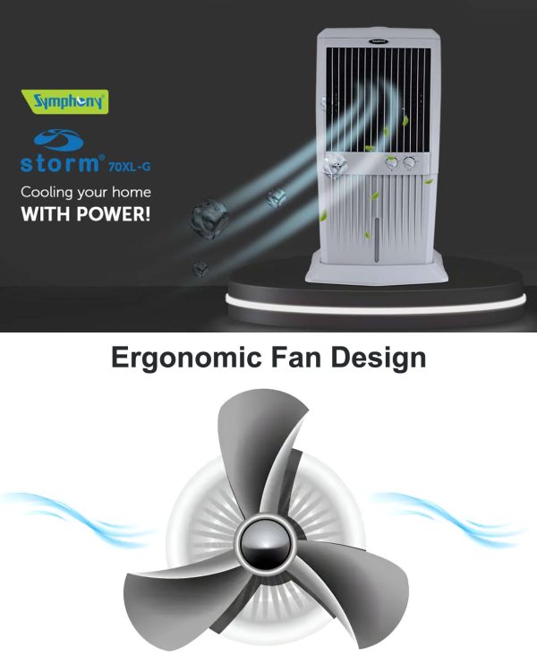 Symphony 70 Liter Desert Air Cooler with Honeycomb Pads and Powerful Fan, Grey, STORM 70XL
