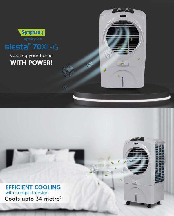 Symphony 70 Liter Desert Air Cooler with Honeycomb Pad and Powerful Fan, Grey, SIESTA 70XL