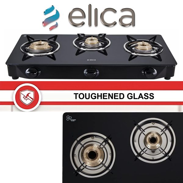 Elica 3 Burner Cooktop with 1 Jumbo Burner and Tempered Glass, Black, CT VETRO 370J