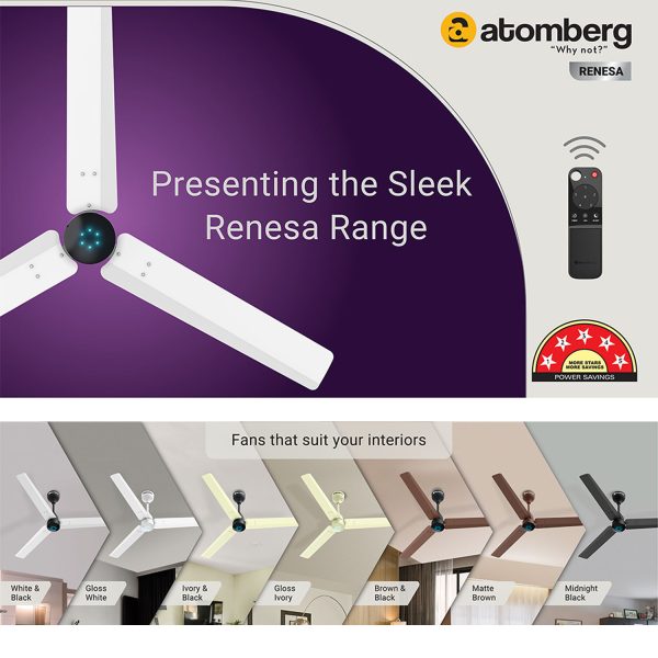 Atomberg 1200MM (48 Inch) BLDC Ceiling Fan with Remote Control and LED Indicators, White and Black, RENESA