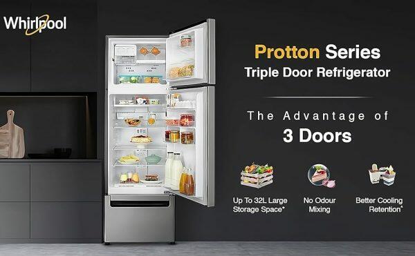 Whirlpool FP 263 Protton Roy, 215 Litre 3 Door Refrigerator with Zeolite Technology and 32 Litre Vegetable Storage, Alpha STEEL