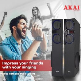 Akai TS-160, 160 Watts Wireless Bluetooth Dual Tower Speaker with Wireless Mic, Black