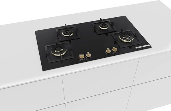 Bosch Built in Gas Hob Black Tempered glass Glass 4 Burner Auto Ignition 90 cm Full Brass 3D Ring Burners with Matt Black Heat Shields Cast Iron pan supports PNF9B6G20I 0 3