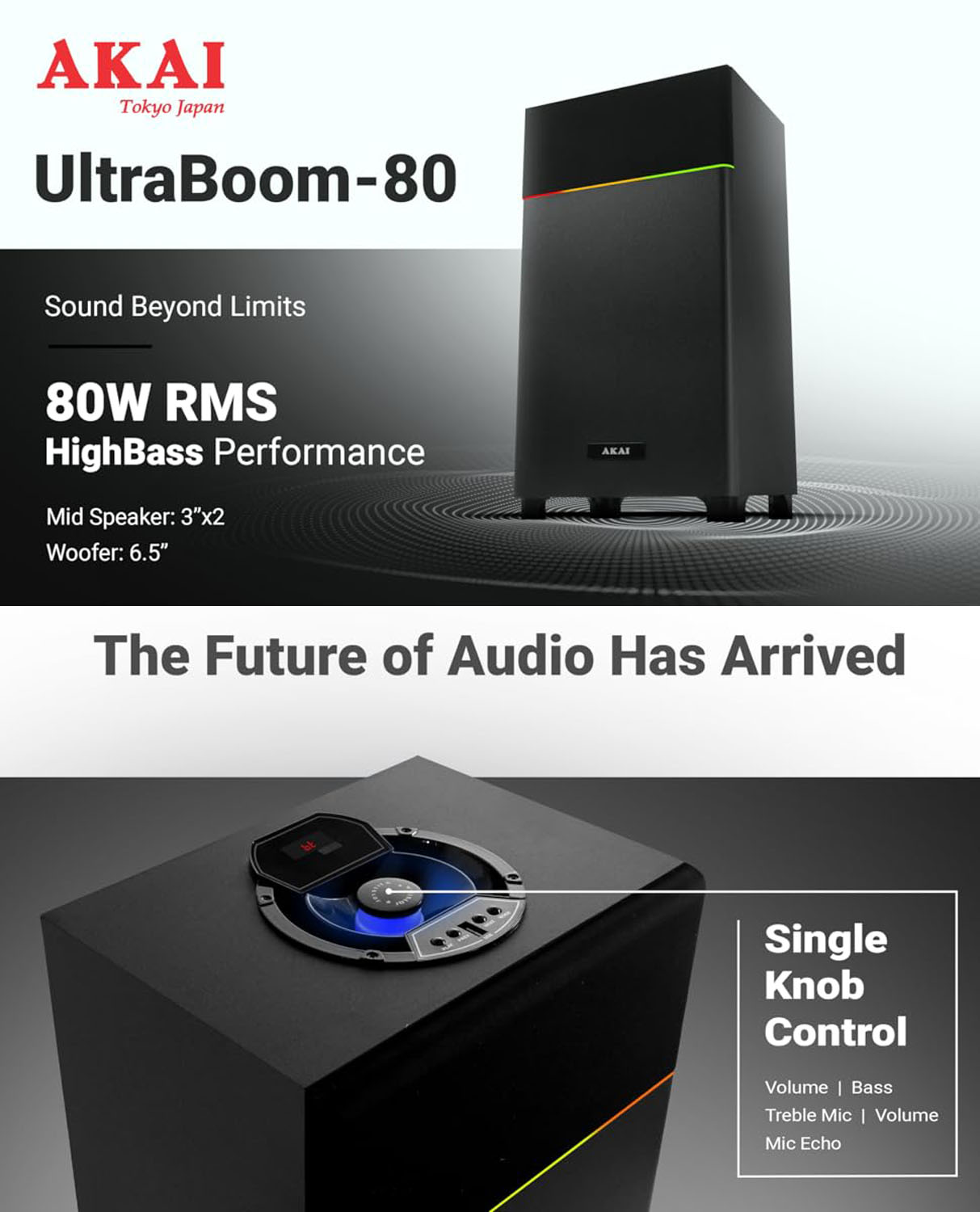 Akai 80 Watt Bluetooth Party Speaker with Wireless Mic and Multi-Color LED Light, Black, PM80B Akai 80 Watt Bluetooth Party Speaker with Wireless Mic and Multi-Color LED Light, Black, PM80B