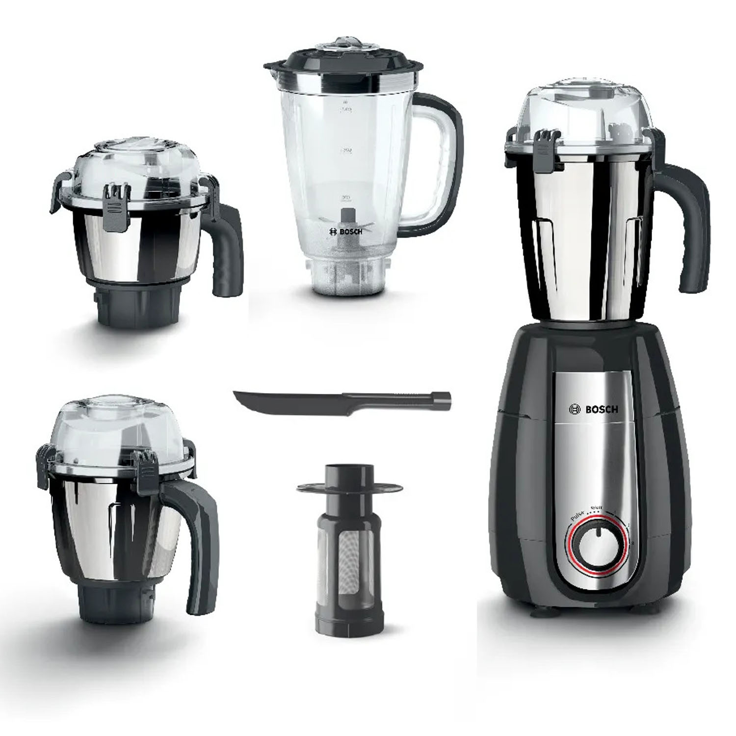 Bosch MGM8842GIN, 1000 Watt 4 Jar Mixer Grinder with Stone Pounding Technology and 5 Year Motor Warranty, Grey Bosch MGM8842GIN, 1000 Watt 4 Jar Mixer Grinder with Stone Pounding Technology and 5 Year Motor Warranty, Grey