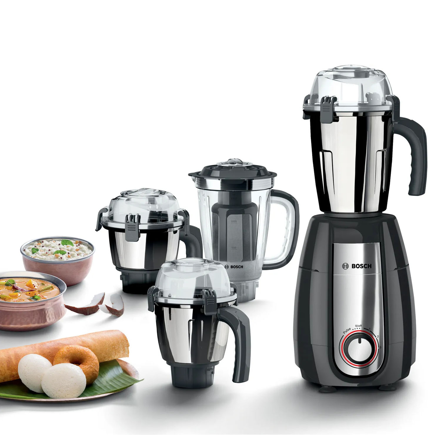 Bosch MGM8842GIN, 1000 Watt 4 Jar Mixer Grinder with Stone Pounding Technology and 5 Year Motor Warranty, Grey Bosch MGM8842GIN, 1000 Watt 4 Jar Mixer Grinder with Stone Pounding Technology and 5 Year Motor Warranty, Grey