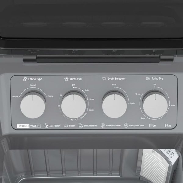Whirlpool Hydro Wash Elite 9, 9 KG Semi Automatic Machine with Soft Close Lid and 3D Wave Technology Waterproof and Shockproof Panel, Grey