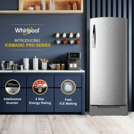 Whirlpool 260 Impro Roy Inv, 236 Litre 3 Star Single Door Refrigerator with Inverter Compressor, Base Drawer, 4-in-1 Cooling Modes and 1 Hour Icing Technology, Alpha Steel