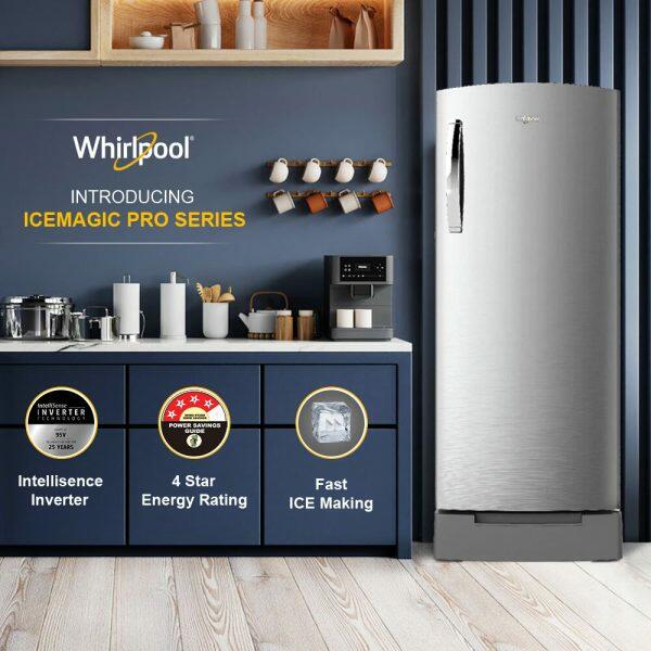 Whirlpool 260 Impro Roy Inv, 236 Litre 3 Star Single Door Refrigerator with Inverter Compressor, Base Drawer, 4-in-1 Cooling Modes and 1 Hour Icing Technology, Alpha Steel
