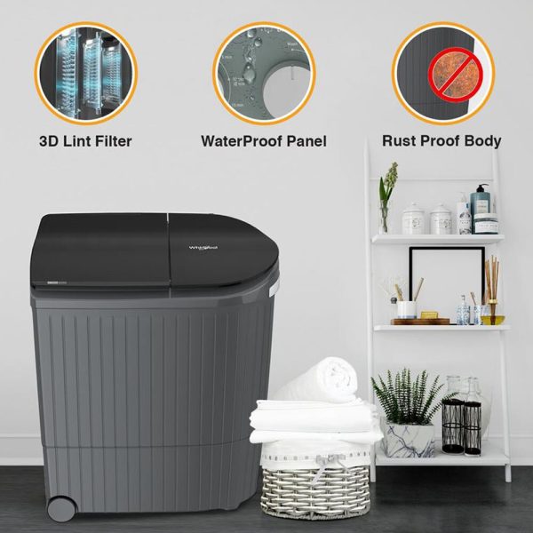 Whirlpool Hydro Wash Elite 9, 9 KG Semi Automatic Machine with Soft Close Lid and 3D Wave Technology Waterproof and Shockproof Panel, Grey