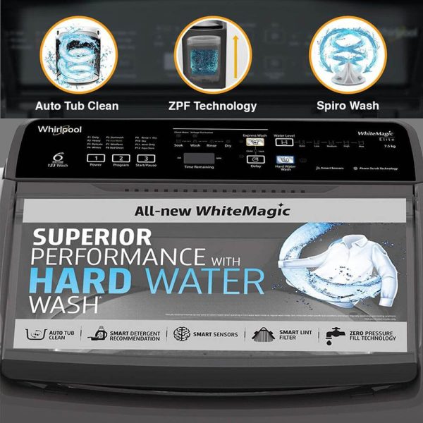 Whirlpool Whitemagic Elite Plus, 7.5 KG Fully Automatic Top Load Machine with Hard Water Wash, Zero Pressure Fill and 5 Star Rating, Grey
