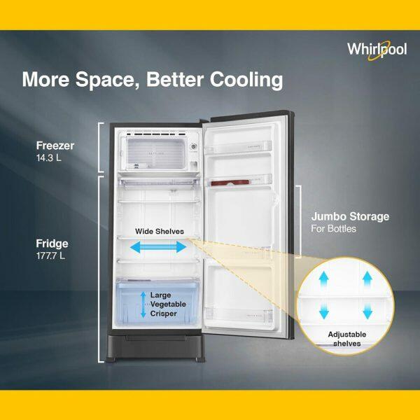 Whirlpool 215 Impro Roy 3S, 192 Litre 3 Star Single Door Refrigerator with Base Drawer, Stabilizer Free Operation and Upto 7 Days Garden Freshness, Cool Illusia