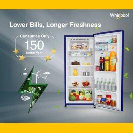 Whirlpool 215 Impro Prm, 192 Litre 3 Star Single Door Refrigerator with Fast Ice Making and Upto 7 Days of Garden Freshness, Saphire Forest