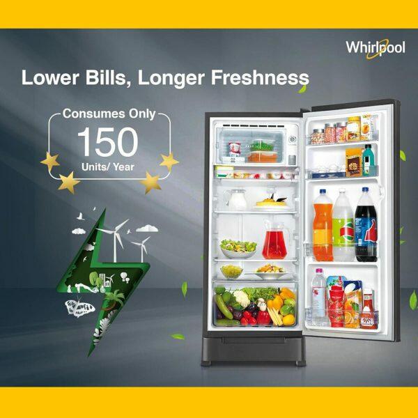 Whirlpool 215 Impro Roy 3S, 192 Litre 3 Star Single Door Refrigerator with Base Drawer, Stabilizer Free Operation and Upto 7 Days Garden Freshness, Cool Illusia