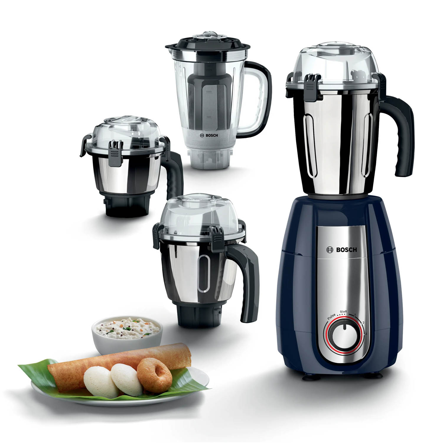 Bosch MGM6642DIN, 750 Watts 4 Jar Mixer Grinder with Stone Pounding Technology, Dark Blue Bosch MGM6642DIN, 750 Watts 4 Jar Mixer Grinder with Stone Pounding Technology, Dark Blue