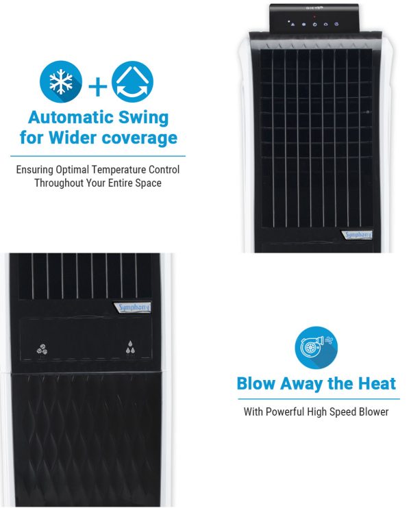 Symphony 55 Liter Tower Air Cooler with 3 Side Honeycomb Pad, Auto Pop-Up Touchscreen and Magnetic Remote, White/Black, DIET 3D 55I