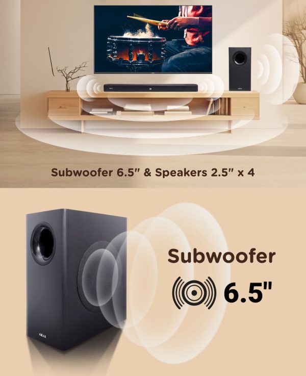 Akai SB140, 2.1 Channel Soundbar with 140 Watts Wired Subwoofer for Extra Deep Bass, Black