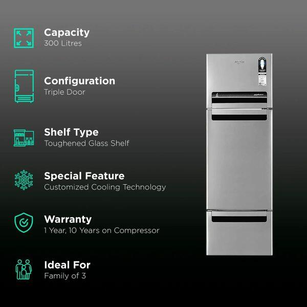 Whirlpool FP 343 Protton Roy, 300 Litre 3 Door Refrigerator with Zeolite Technology and 32 Litre Vegetable Storage