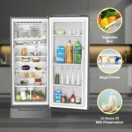Whirlpool 260 Impro Roy Inv, 236 Litre 3 Star Single Door Refrigerator with Inverter Compressor, Base Drawer, 4-in-1 Cooling Modes and 1 Hour Icing Technology, Alpha Steel