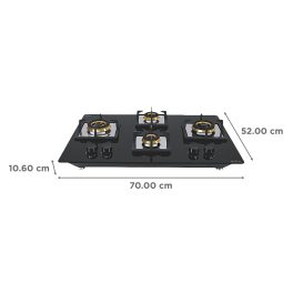 Elica 4 Burner Hob with Tempered Glass Top and 2 Medium and 2 Small Multiple Ring Brass Burners, Black, FLEXI FB HCT 470 DX