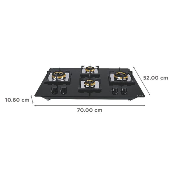Elica 4 Burner Hob with Tempered Glass Top and 2 Medium and 2 Small Multiple Ring Brass Burners, Black, FLEXI FB HCT 470 DX