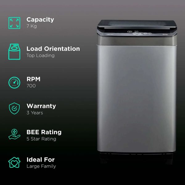 Voltas Beko WTL70UPGC, 7 KG Fully Automatic Top Load Machine with IPX4 Control Panel and Monsoon Dry, Grey