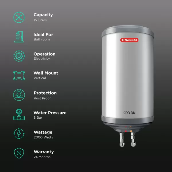 Racold CDR DXL, 15 Litre 2000W Storage Water Heater with 5 Star Rating and Titanium enamel coating with Rust Proof Body, White