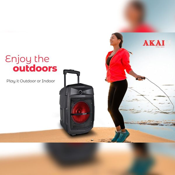 Akai PM-80T, 80 Watts Bluetooth Trolley PartySpeaker with 6 Hours Battery Backup and Wireless Mic, Black