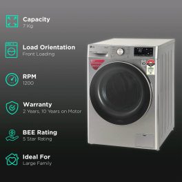 LG FHV1207ZWP, 7 KG 1200 RPM Front Load with AI 6 Motion Direct Drive and Steam, Silver