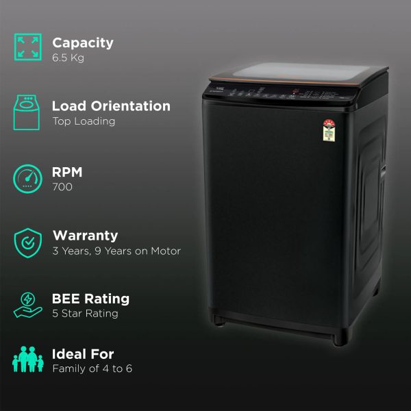 Voltas Beko WTL65VPBGX, 6.5 KG Fully Automatic Top Load Machine with Side Waterfall, Baffle Filter and Soft Close Lid, Black
