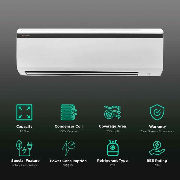 Daikin FTE60UV 1.8 Ton 1 Star Fixed Speed Split AC with 16 Meters Air Throw, White