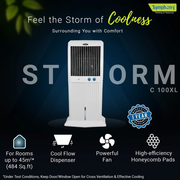 Symphony 95 Liter Desert Air Cooler with 3 Side Honeycomb Pads and Fan, White, Storm C 100XL