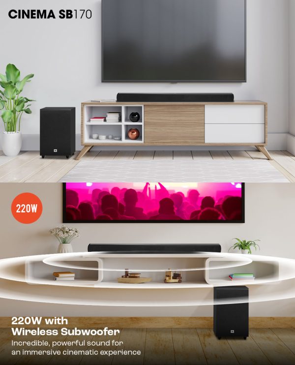 JBL 220 Watt Dolby Digital Soundbar with 2.1 Channel Wireless Subwoofer for Extre Deep Bass, Black, SB170