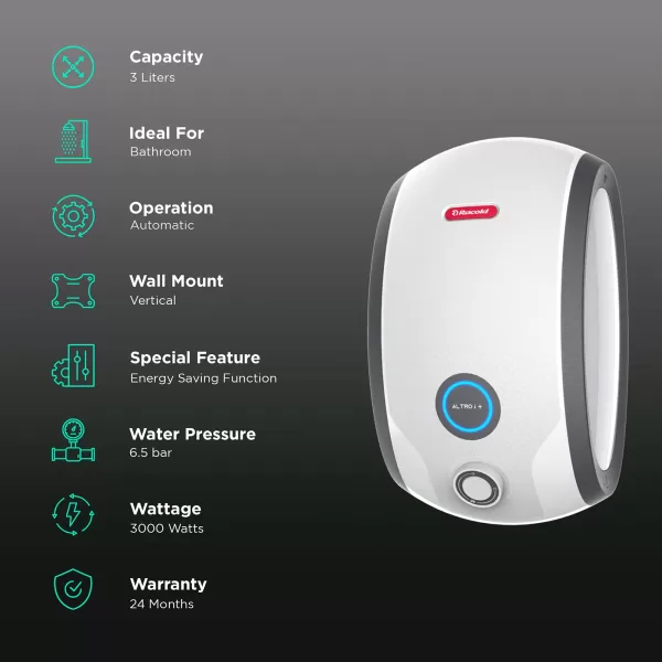 Racold Altroi+, 3 Litre 6.5 Pressure Bar 3000 W Instant Water Heater with Smart LED ring, Installation Pipe and Electric Plug, White