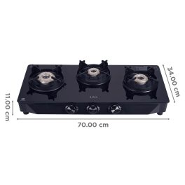 Elica Crest 370J Nero, 3 Burner Stove with Crown Pan Support and Forged Brass Burner, Black