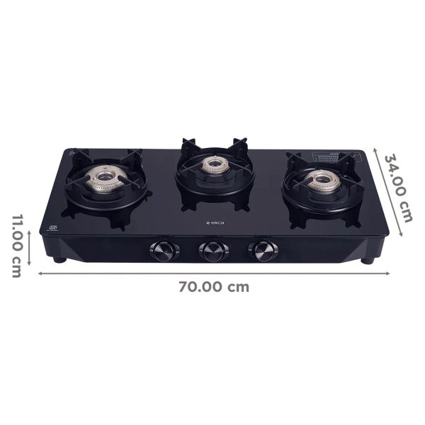 Elica Crest 370J Nero, 3 Burner Stove with Crown Pan Support and Forged Brass Burner, Black