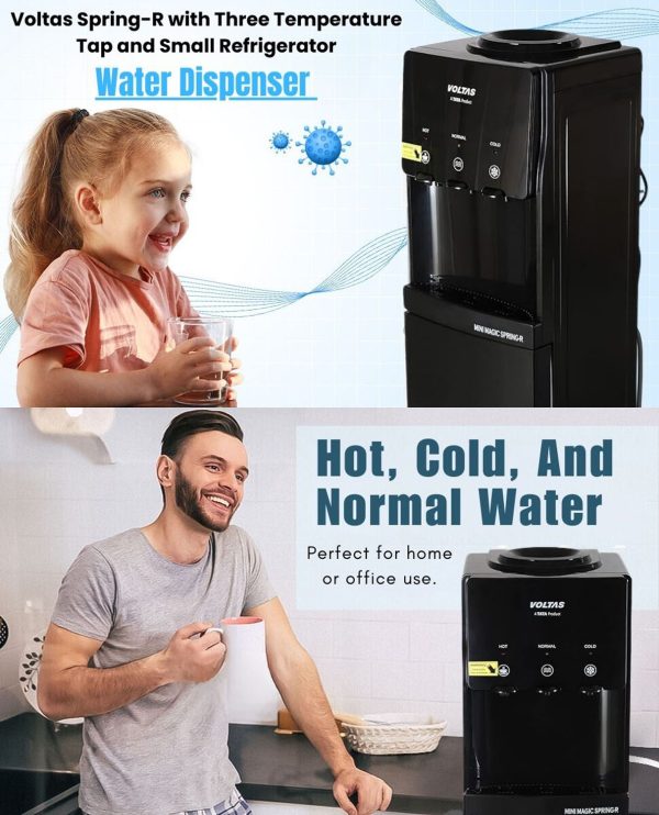 Voltas Spring R Water Dispenser with Refrigerator with Normal, Cold and Hot Tap, Black