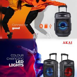 Akai PM-80T, 80 Watts Bluetooth Trolley PartySpeaker with 6 Hours Battery Backup and Wireless Mic, Black