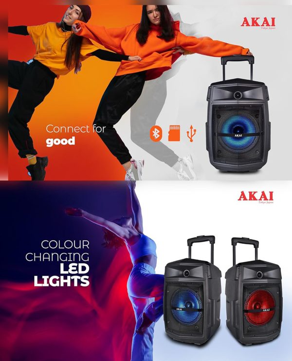 Akai PM-80T, 80 Watts Bluetooth Trolley PartySpeaker with 6 Hours Battery Backup and Wireless Mic, Black
