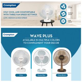 Crompton 400MM Table fan with 3 Speed Setting, Enhanced Blade Design and Smooth Oscillation, White, HIGH FLOW WAVEPLUS