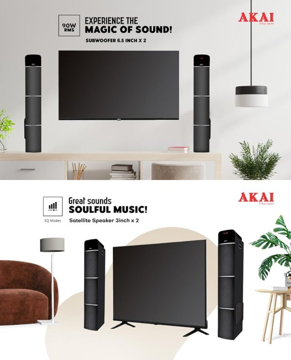 Akai TS-90, 90 Watts Wireless Bluetooth Dual Tower Speaker with Wireless Mic, Black