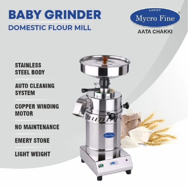 Mycrofine Flour Mill with Stainless Steel Body with 6-8 KG Grinding with 100% Copper Winding Motor, Steel, BABY GRINDER