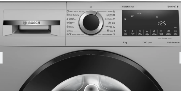 Bosch WGA1220SIN, 7 KG 1200 RPM Fully Automatic Front Load Machine with Built-in Heater and Temperature Selection, Silver