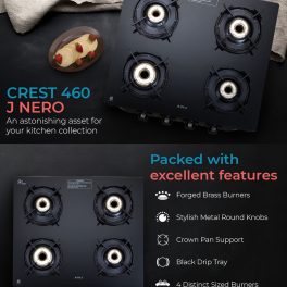 Elica 4 Burner Stove with Crown Pan Support and Forged Brass Burner, Black, CREST 460J NERO