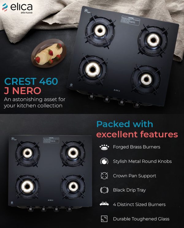 Elica 4 Burner Stove with Crown Pan Support and Forged Brass Burner, Black, CREST 460J NERO