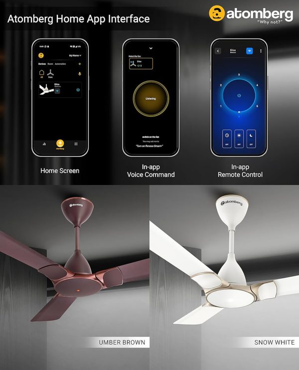 Atomberg 1200MM (48 Inch) BLDC Ceiling Fan with IOT and Remote and LED Indicators, Snow White, ERICA SMART